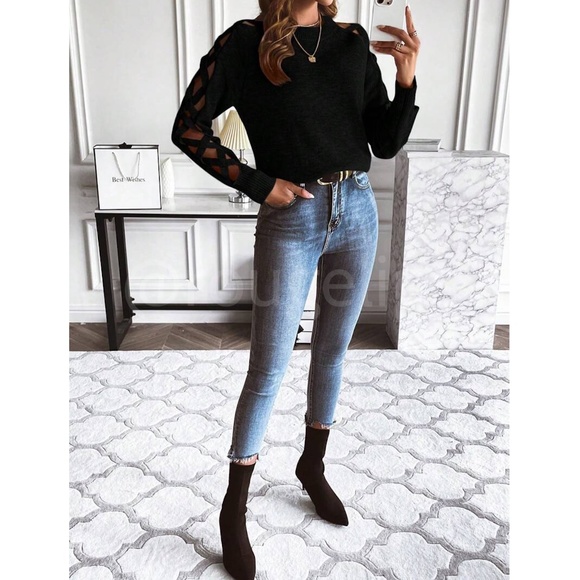 Black Knit Criss Cross Straps Cut Out Sleeve Sweater Pullover - Picture 5 of 11